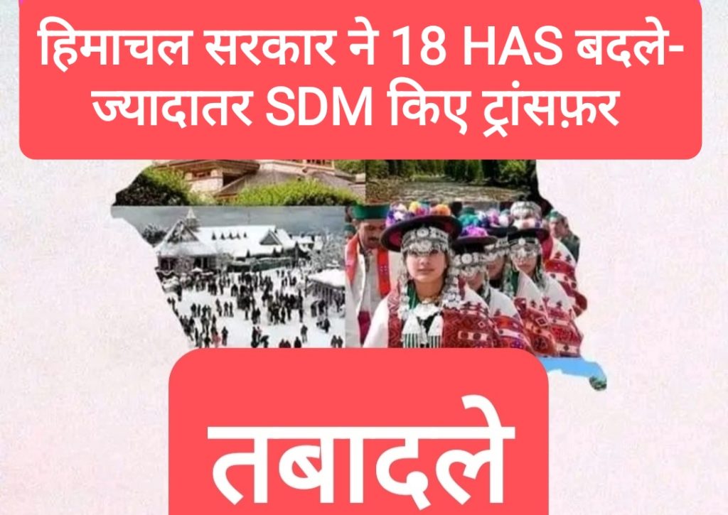 ब्रेकिंग- हिमाचल सरकार ने किया बड़ा प्रशासनिक फेरफबदल, 18 HAS बदले- SDM ट्रांसफ़र जानें कैसे कहाँ मिली तैनाती