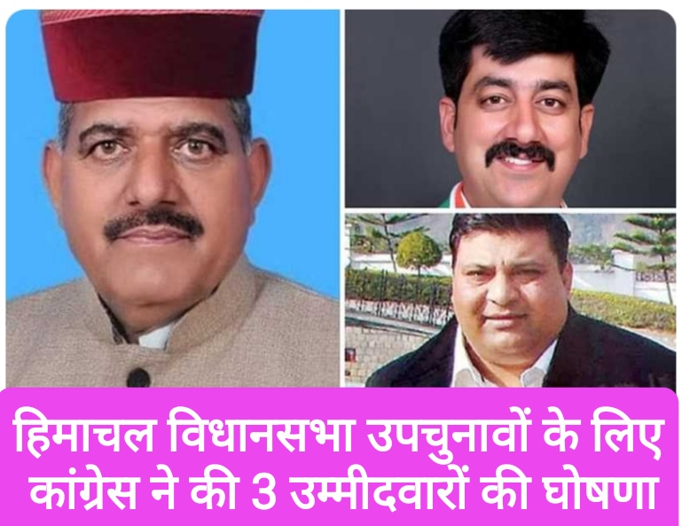 हिमाचल विधानसभा उपचुनावों के लिए कांग्रेस ने की 3 उम्मीदवारों की घोषणा