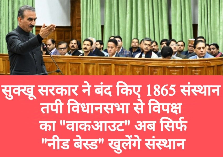 सुक्खू सरकार ने बंद किए 1865 संस्थान, तपी विधानसभा से विपक्ष का “वाकआउट”, अब सिर्फ “नीड बेस्ड” खुलेंगे संस्थान