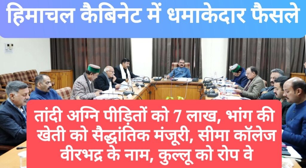 हिमाचल कैबिनेट- तांदी अग्नि पीड़ितों को 7 लाख, भांग की खेती को सैद्धांतिक मंजूरी, सीमा कॉलेज वीरभद्र के नाम, कुल्लू को रोप वे