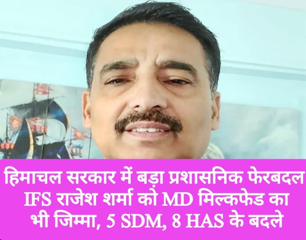 हिमाचल सरकार में बड़ा प्रशासनिक फेरबदल, IFS राजेश शर्मा को मिल्कफेड प्रबंध निदेशक का अतिरिक्त कार्यभार, 5 SDM तैनात, 8 HAS के बदले