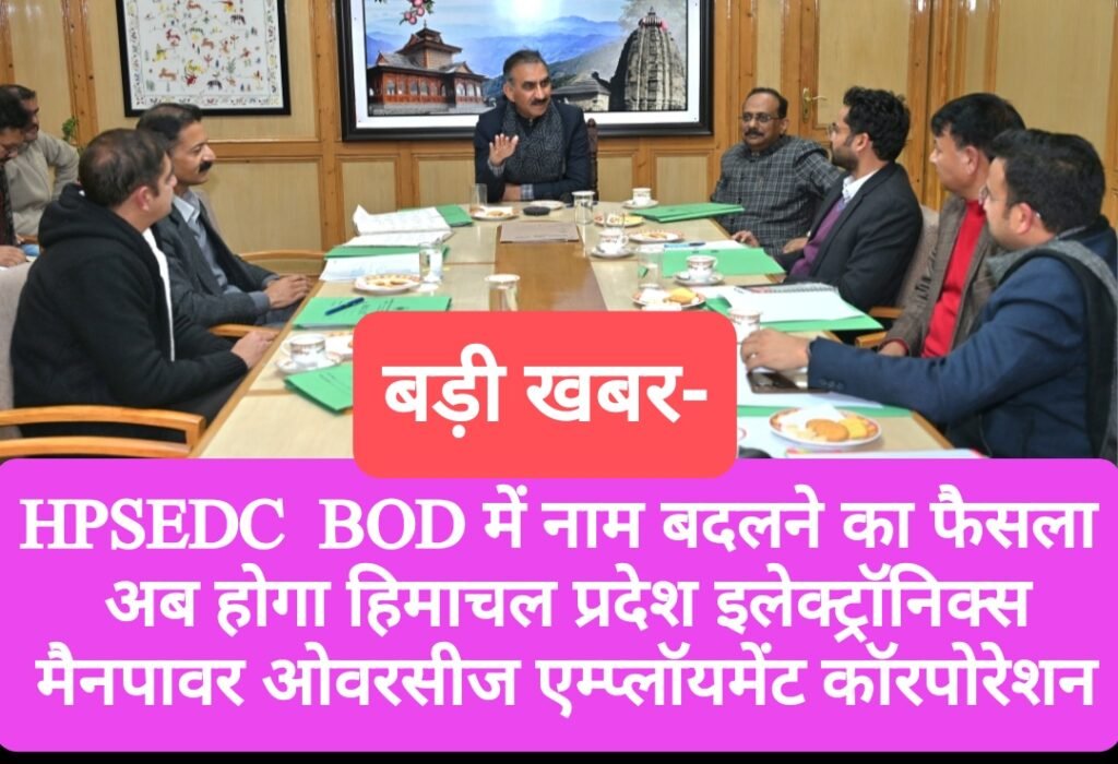 HPSEDC की BOD में नाम बदलने का फैसला, अब होगा ‘हिमाचल प्रदेश इलेक्ट्रॉनिक्स मैनपावर एवं ओवरसीज एम्प्लॉयमेंट कॉरपोरेशन’